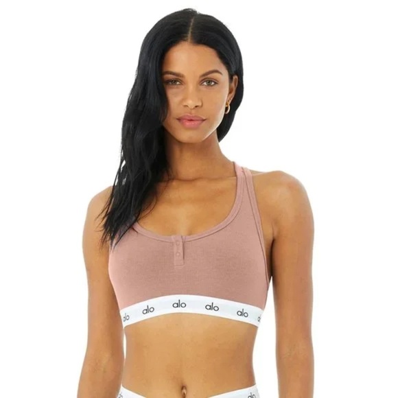 Alo Yoga Icon Ribbed Henley Bra in Smoky Quartz Size Small - Picture 1 of 9
